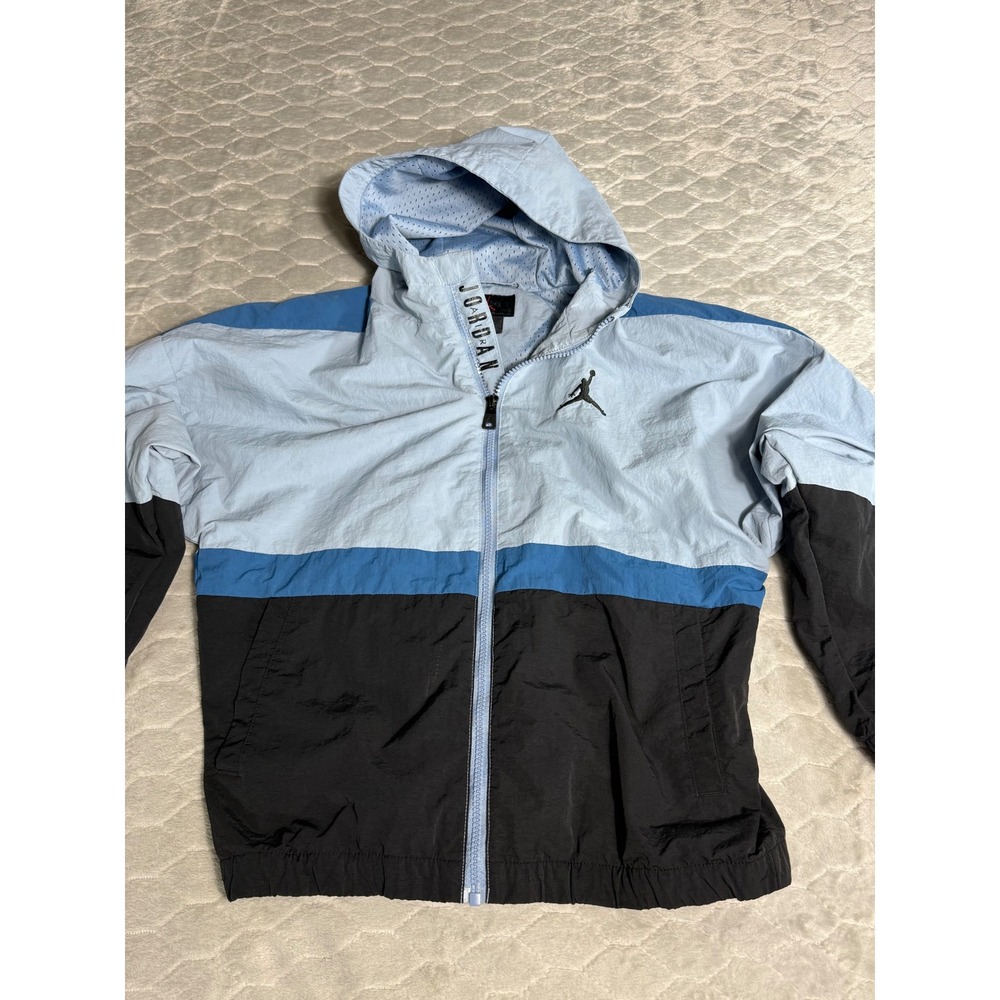 Air Jordan Kids Full Zip Hooded Windbreaker Jacket Blue Black Medium 10-12